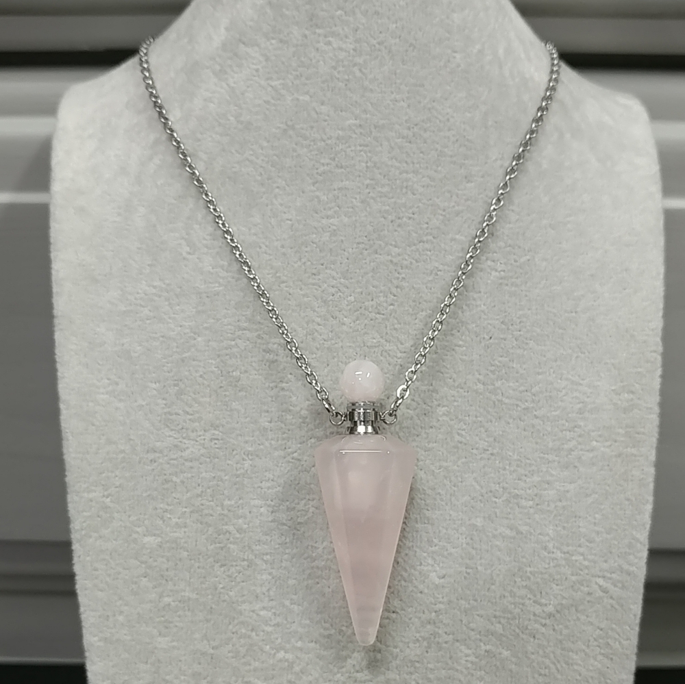 Rose Quartz Perfume Bottle Necklace Natural Gemstone Crystal Pendant Stainless